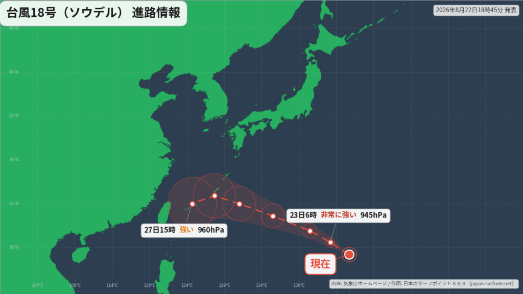 台風18号(ソウデル)沖縄方面へ｜最新の位置と進路予報(8月22日) 進路図(広域)