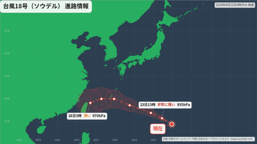 台風18号(ソウデル)沖縄・東シナ海へ|最新の位置と進路予報(8月23日) 進路図(広域)