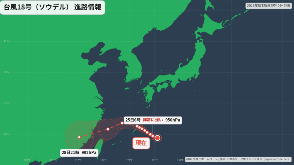 台風18号(ソウデル)沖縄・奄美へ｜最新の位置と進路予報(8月25日) 進路図(広域)