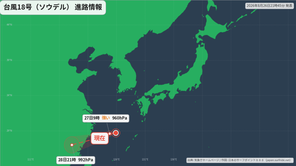 台風18号(ソウデル)東シナ海へ|最新の位置と進路予報(8月26日) 進路図(広域)