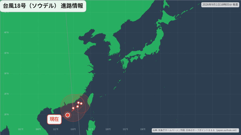 台風18号(ソウデル)南シナ海で停滞へ｜最新の位置と進路予報(9月1日) 進路図(広域)