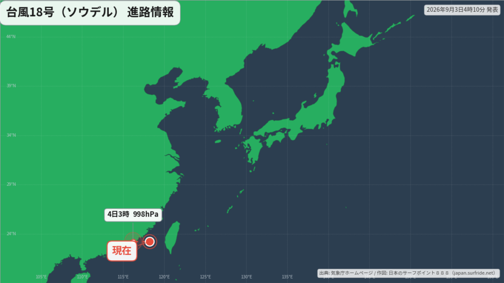 台風18号(ソウデル)熱帯低気圧へ|最新の位置と進路予報(9月3日) 進路図(広域)