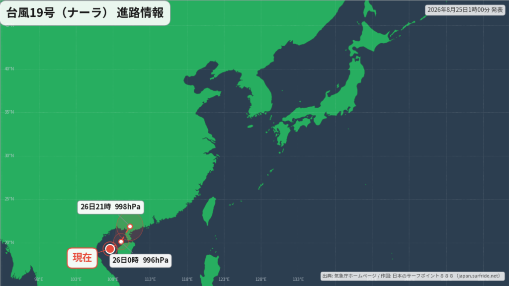 台風19号(ナーラ)華南で熱帯低気圧へ|最新の位置と進路予報(8月25日) 進路図(広域)
