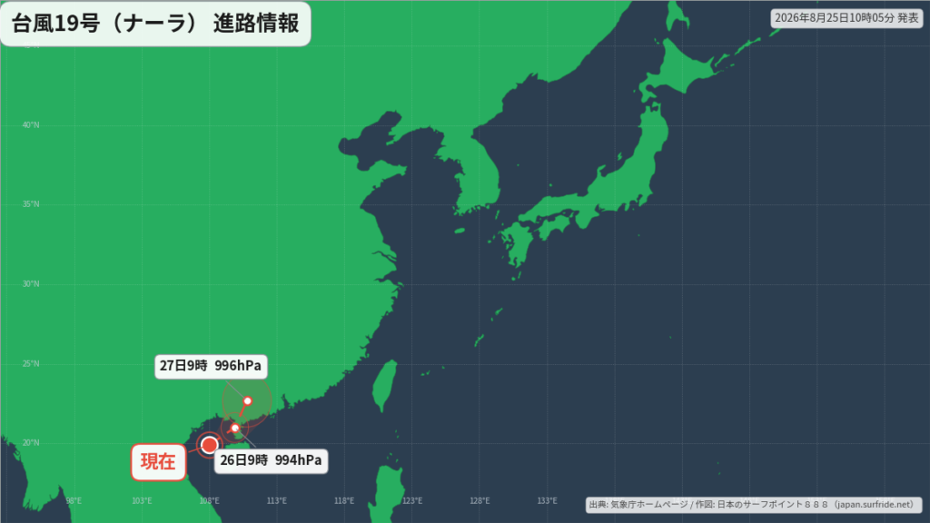 台風19号(ナーラ)華南で衰弱へ｜最新の位置と進路予報(8月25日) 進路図(広域)