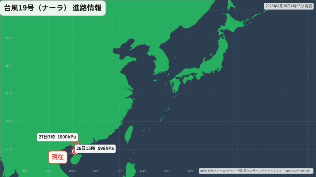 台風19号(ナーラ)華南へ｜最新の位置と進路予報(8月26日) 進路図(広域)