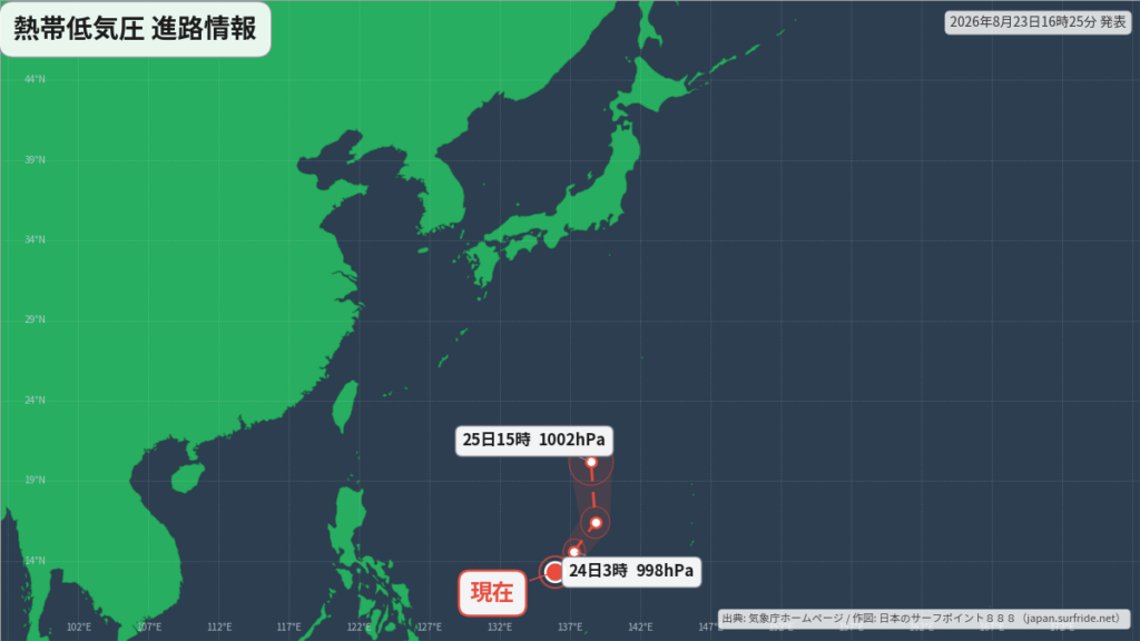 熱帯低気圧が台風へ|最新の位置と進路予報(8月23日) 進路図(広域)