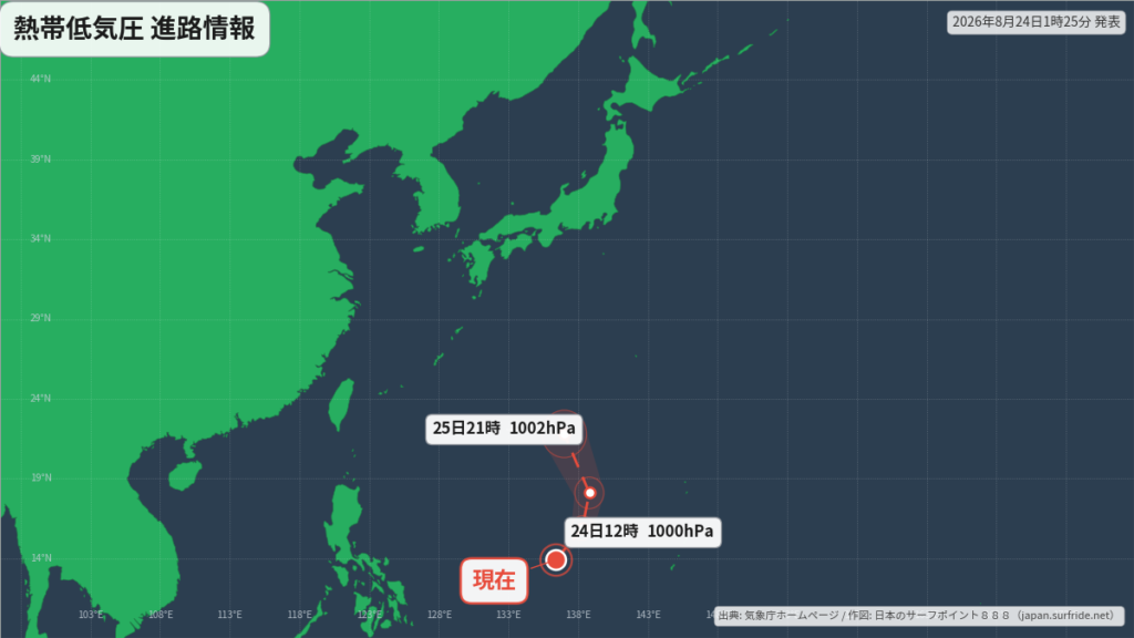 熱帯低気圧 日本の南へ｜最新の位置と進路予報(8月24日) 進路図(広域)