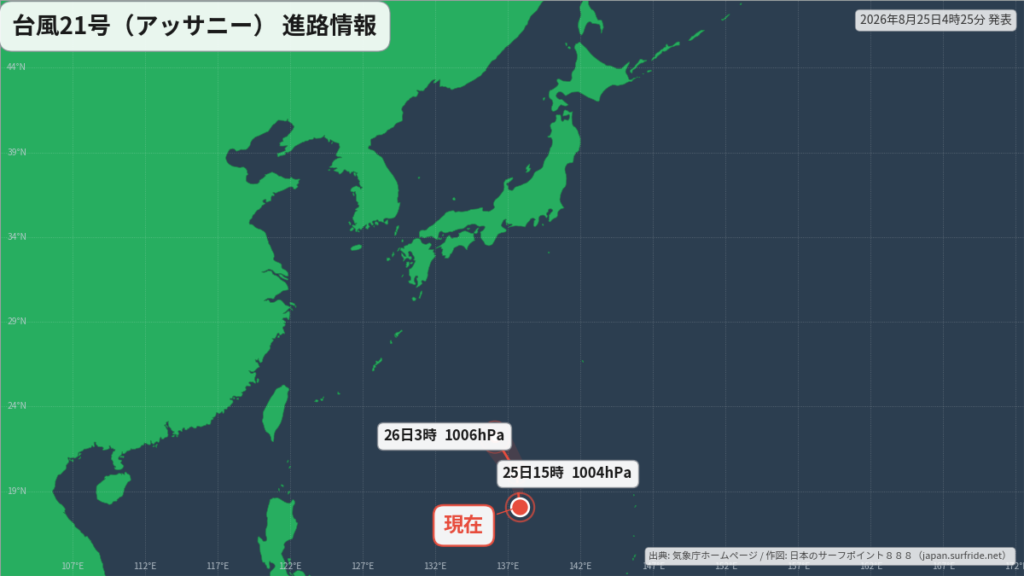 台風21号(アッサニー)日本の南へ|最新の位置と進路予報(8月25日) 進路図(広域)