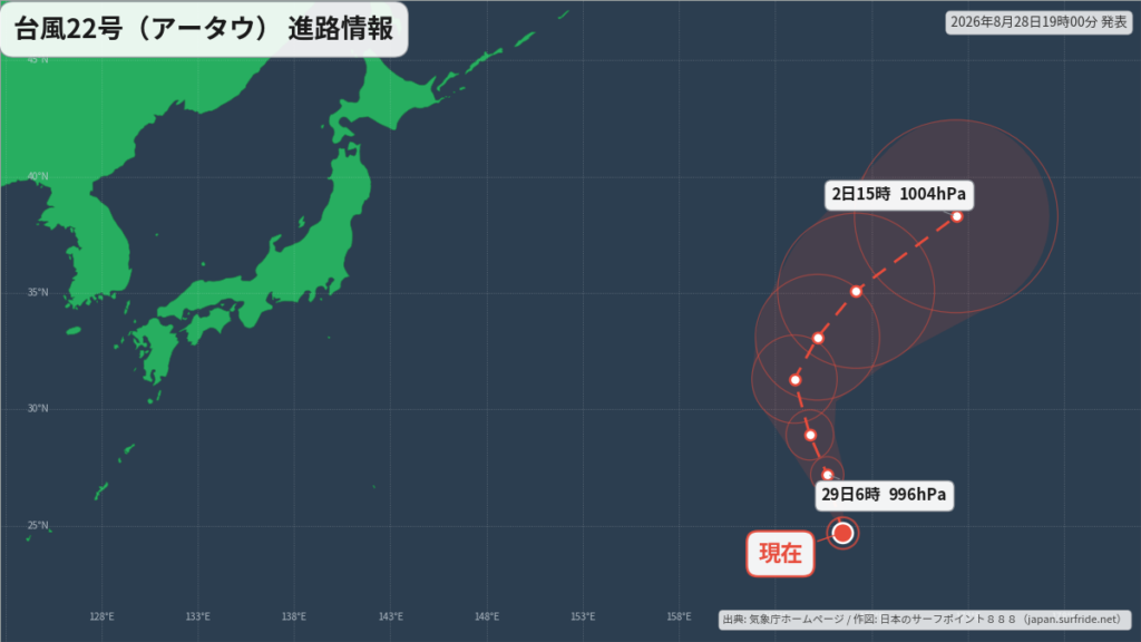 台風22号(アータウ)日本のはるか東へ｜最新の位置と進路予報(8月28日) 進路図(広域)
