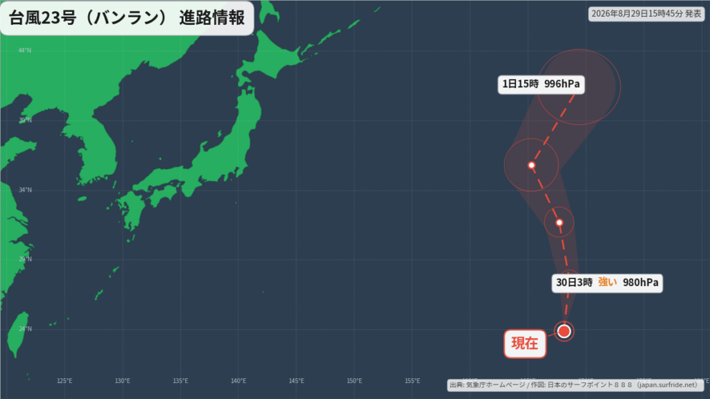 台風23号(バンラン)日本のはるか東へ｜最新の位置と進路予報(8月29日) 進路図(広域)