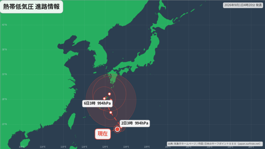 熱帯低気圧 南西諸島へ｜最新の位置と進路予報(9月1日) 進路図(広域)
