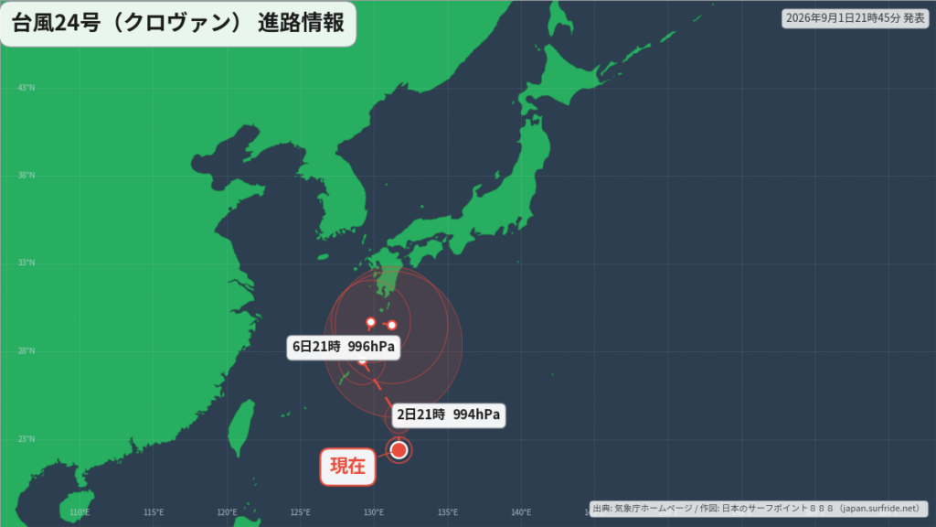 台風24号（クロヴァン）奄美方面へ｜最新の位置と進路予報（9月1日） 進路図(広域)
