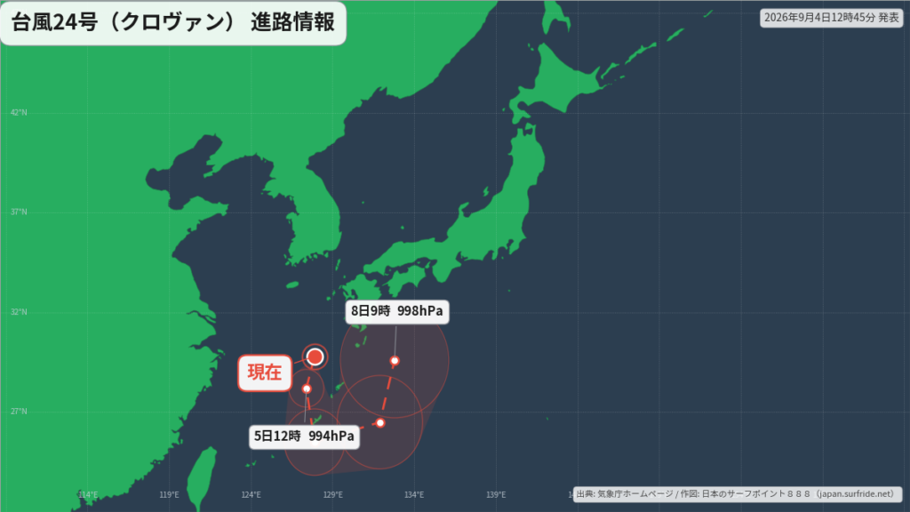 台風24号(クロヴァン)沖縄の南へ｜最新の位置と進路予報(9月4日) 進路図(広域)
