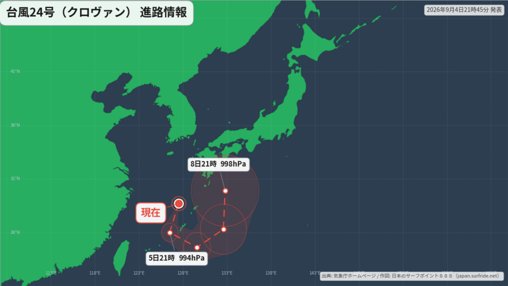 台風24号(クロヴァン)沖縄・奄美へ｜最新の位置と進路予報(9月4日) 進路図(広域)