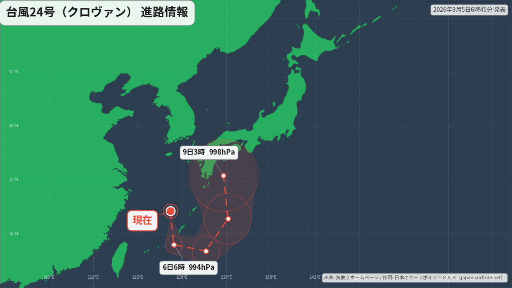 台風24号(クロヴァン)日本の南へ｜最新の位置と進路予報(9月5日) 進路図(広域)