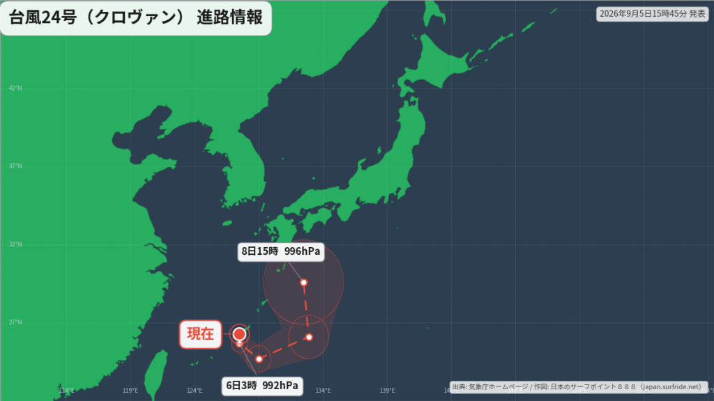台風24号(クロヴァン)沖縄の南へ｜最新の位置と進路予報(9月5日) 進路図(広域)