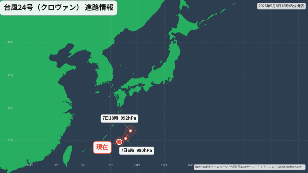 台風24号(クロヴァン)東進、熱帯低気圧へ|最新の位置と進路予報(9月6日) 進路図(広域)
