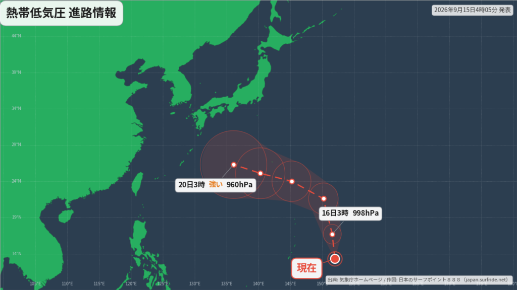 熱帯低気圧 台風へ発達し北上へ｜最新の位置と進路予報(9月15日) 進路図(広域)