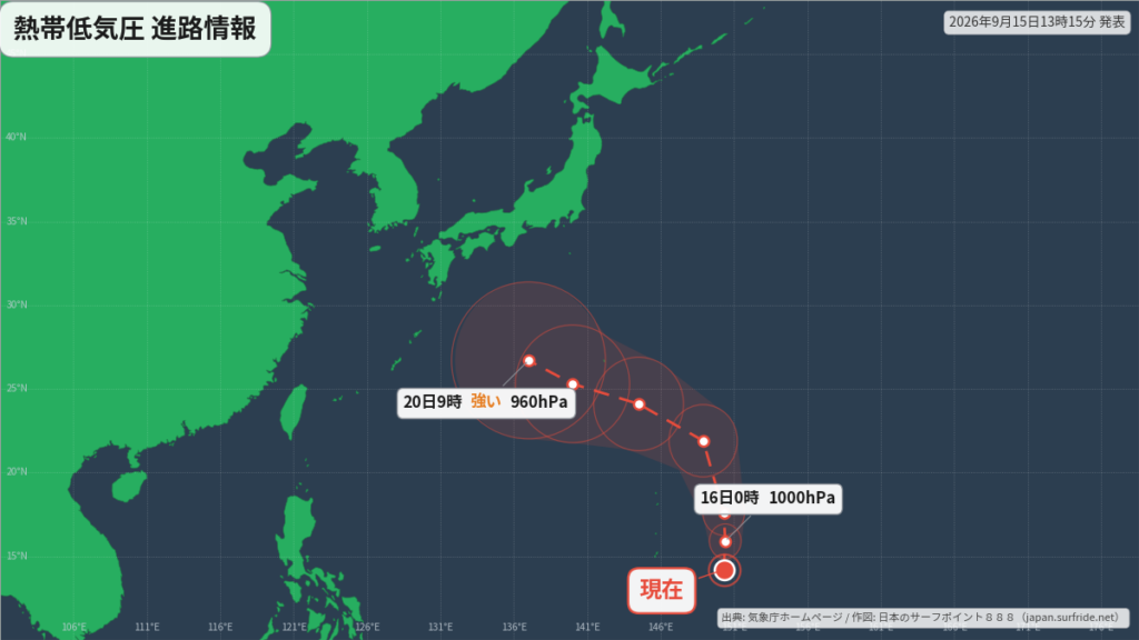 熱帯低気圧 台風へ発達の予報｜最新の位置と進路予報(9月15日) 進路図(広域)
