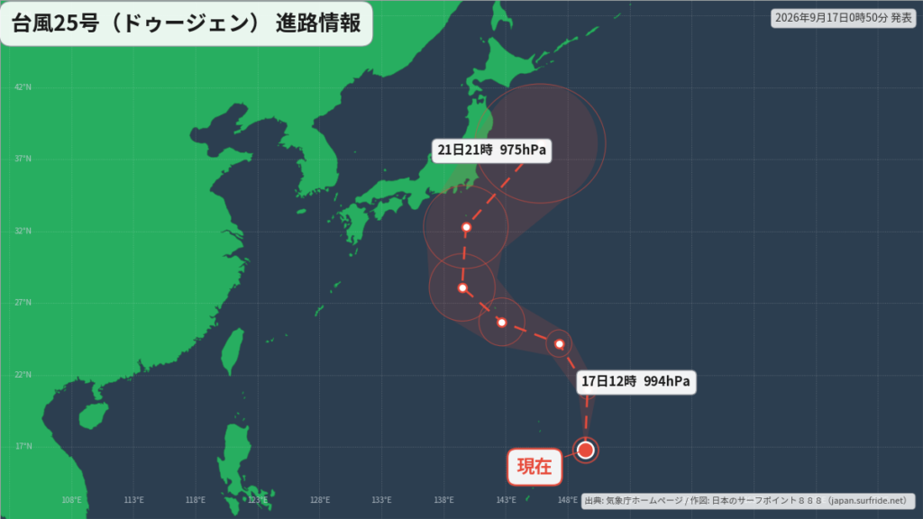 台風25号(ドゥージェン)日本の南へ|最新の位置と進路予報(9月17日) 進路図(広域)