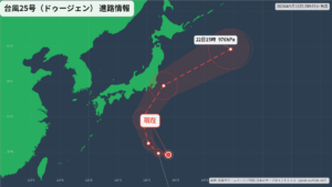 台風25号(ドゥージェン)関東の東へ｜最新の位置と進路予報(9月18日) 進路図(広域)